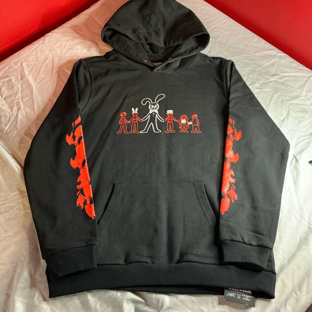 Kids Black Hoodie with Red Graphic Sleeves and Bunny Crew